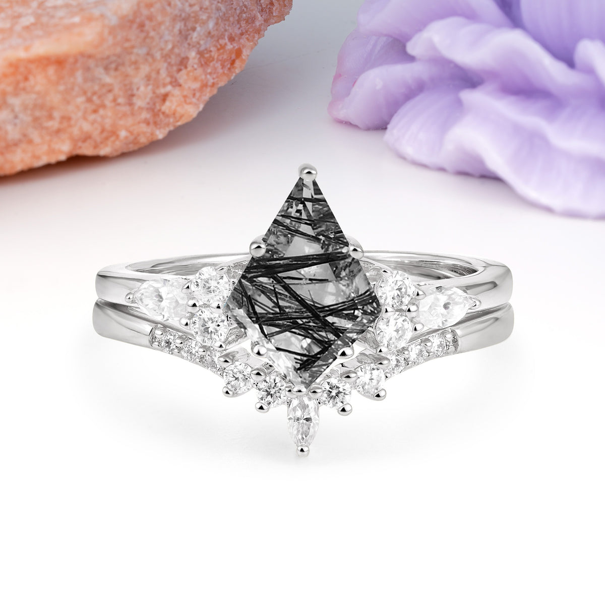 Classic, Luxurious 5-Prong Kite Cut Black Rutilated Quartz Bridal Ring Set - Additional view