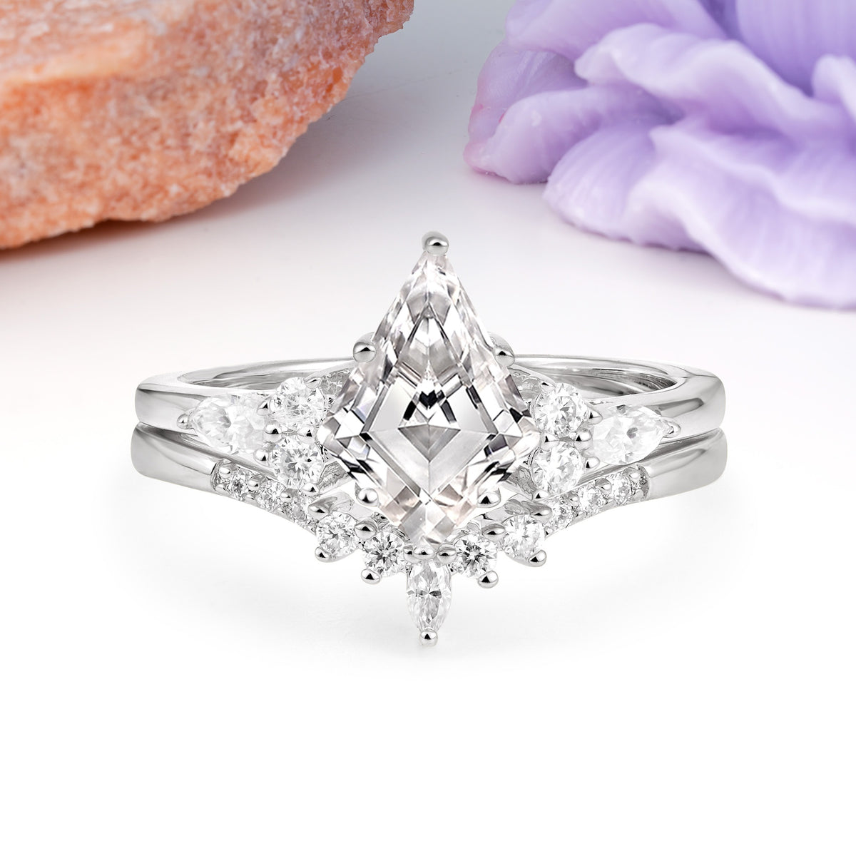 Classic, Luxurious 5-Prong Kite Cut Lab Diamond Bridal Ring Set - Additional view