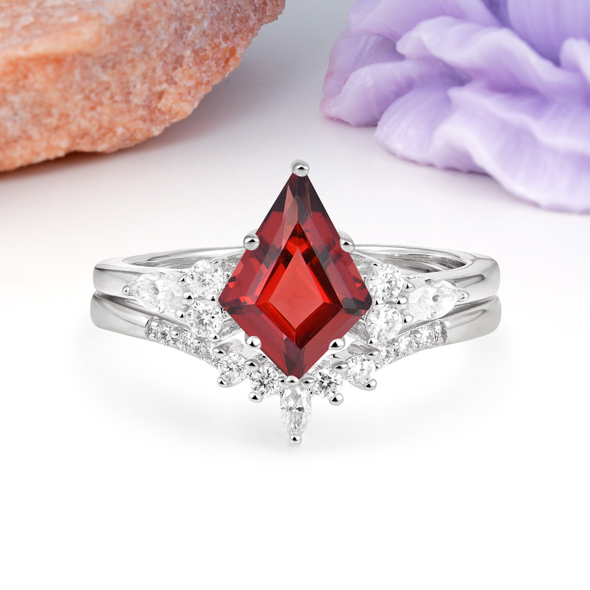 Classic, Luxurious 5-Prong Kite Cut Garnet Bridal Ring Set - Additional view