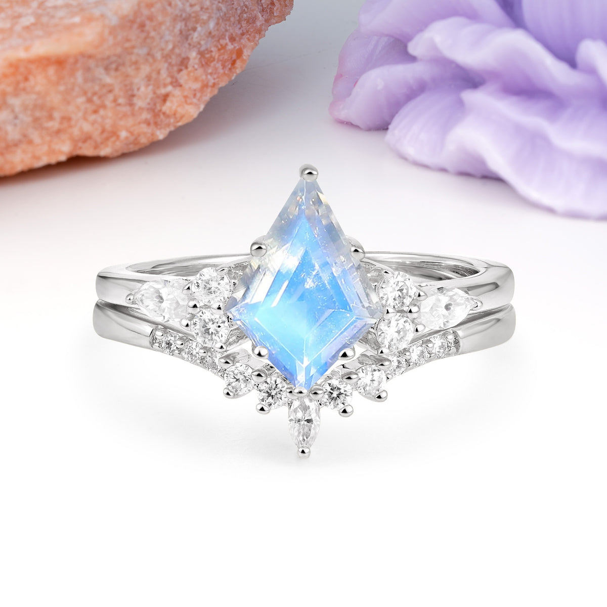 Classic, Luxurious 5-Prong Kite Cut Moonstone Bridal Ring Set - Additional view