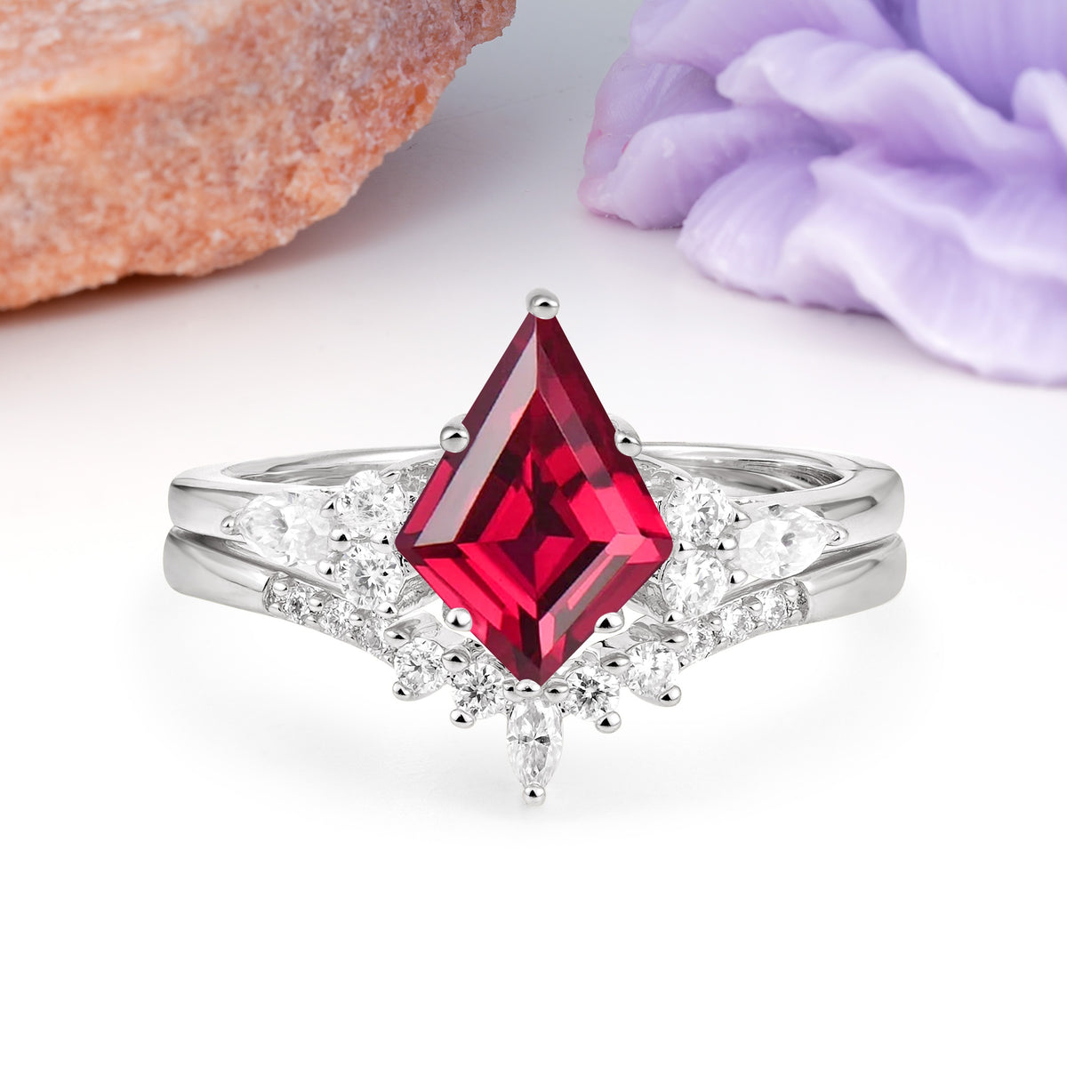 Classic, Luxurious 5-Prong Kite Cut Ruby Bridal Ring Set - Additional view