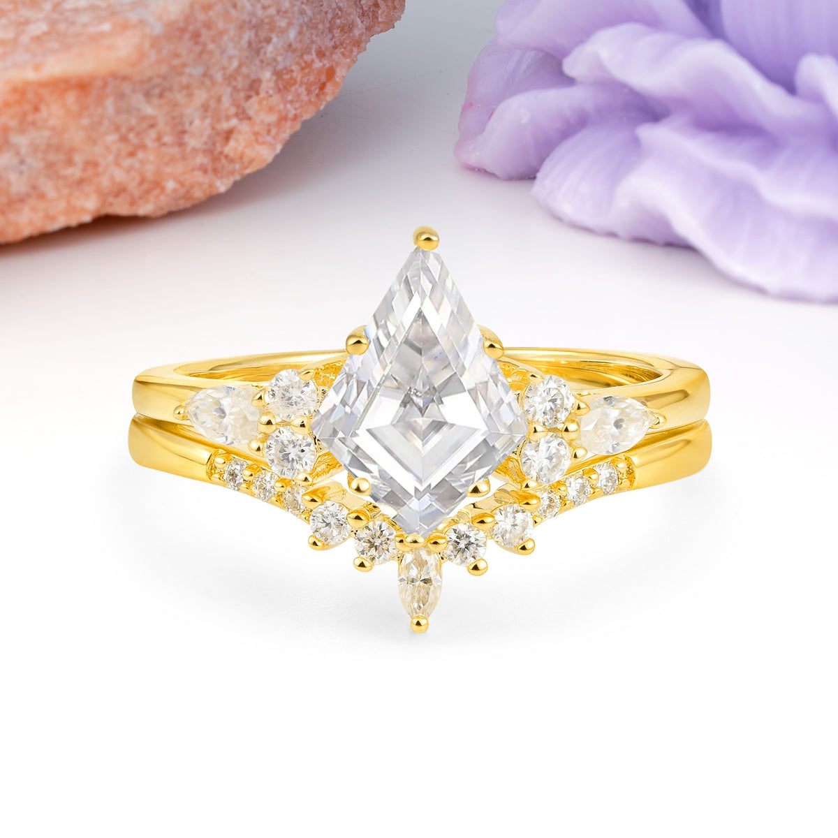 Classic, Luxurious 5-Prong Kite Cut Moissanite Bridal Ring Set - Additional view