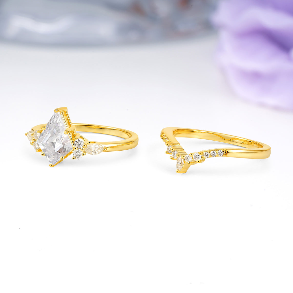 Classic, Luxurious 5-Prong Kite Cut Moissanite Bridal Ring Set - Additional view