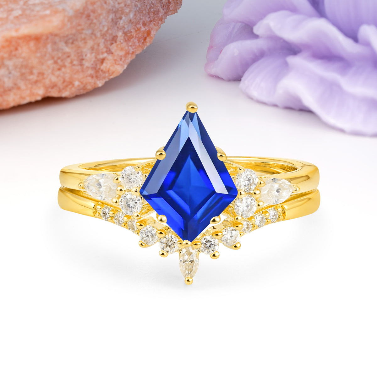 Classic, Luxurious 5-Prong Kite Cut Sapphire Bridal Ring Set - Additional view