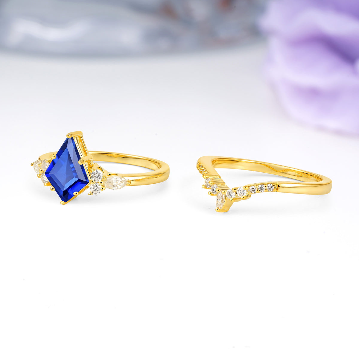 Classic, Luxurious 5-Prong Kite Cut Sapphire Bridal Ring Set - Additional view