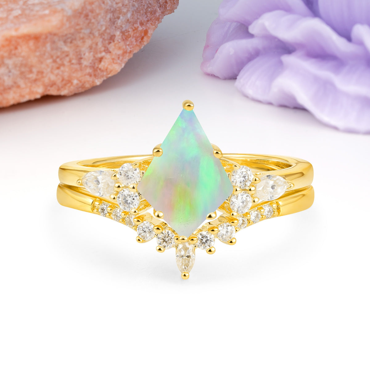 Classic, Luxurious 5-Prong Kite Cut Fire Opal Bridal Ring Set - Additional view