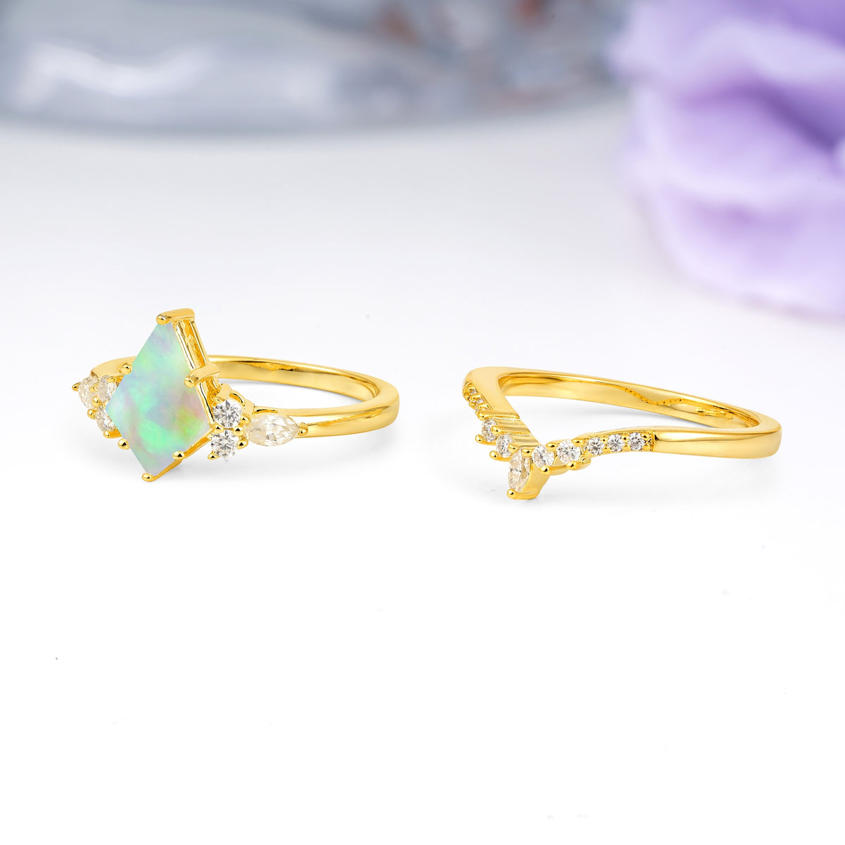Classic, Luxurious 5-Prong Kite Cut Fire Opal Bridal Ring Set - Additional view