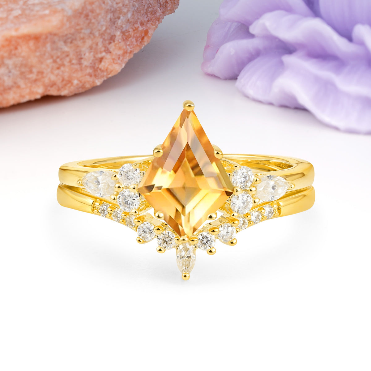 Classic, Luxurious 5-Prong Kite Cut Citrine Bridal Ring Set - Additional view