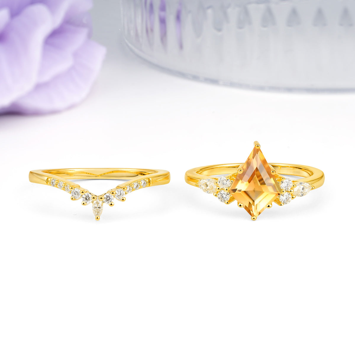 Classic, Luxurious 5-Prong Kite Cut Citrine Bridal Ring Set - Additional view