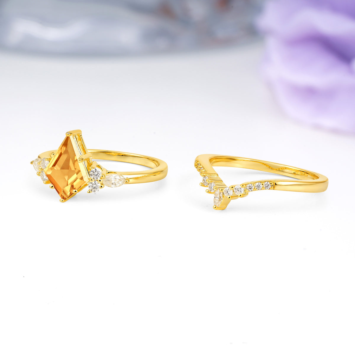 Classic, Luxurious 5-Prong Kite Cut Citrine Bridal Ring Set - Additional view