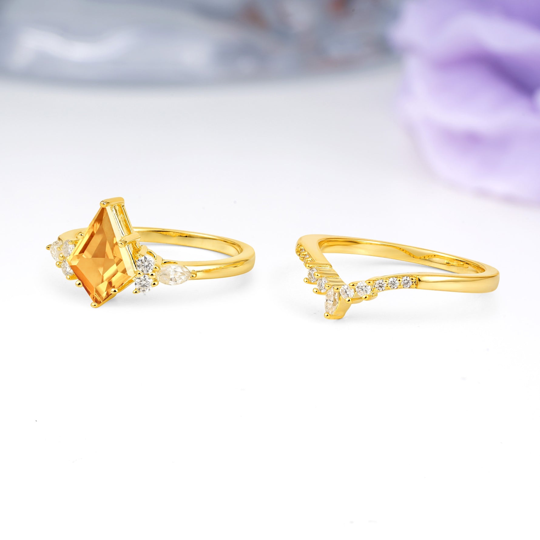 Classic, Luxurious 5-Prong Kite Cut Citrine Bridal Ring Set - Additional view