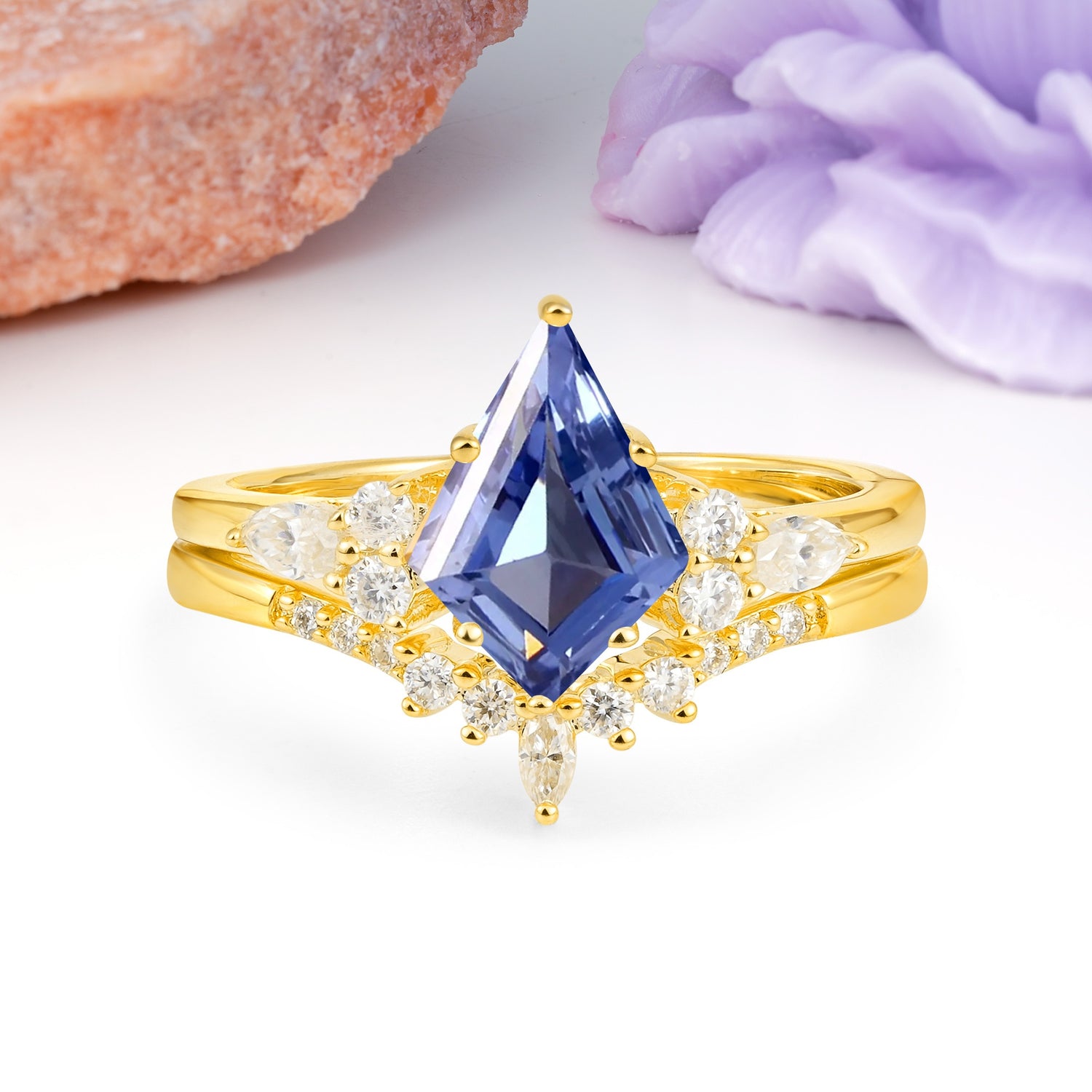 Classic, Luxurious 5-Prong Kite Cut Tanzanite Bridal Ring Set - Additional view