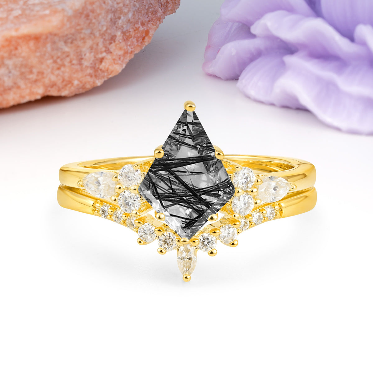Classic, Luxurious 5-Prong Kite Cut Black Rutilated Quartz Bridal Ring Set - Additional view