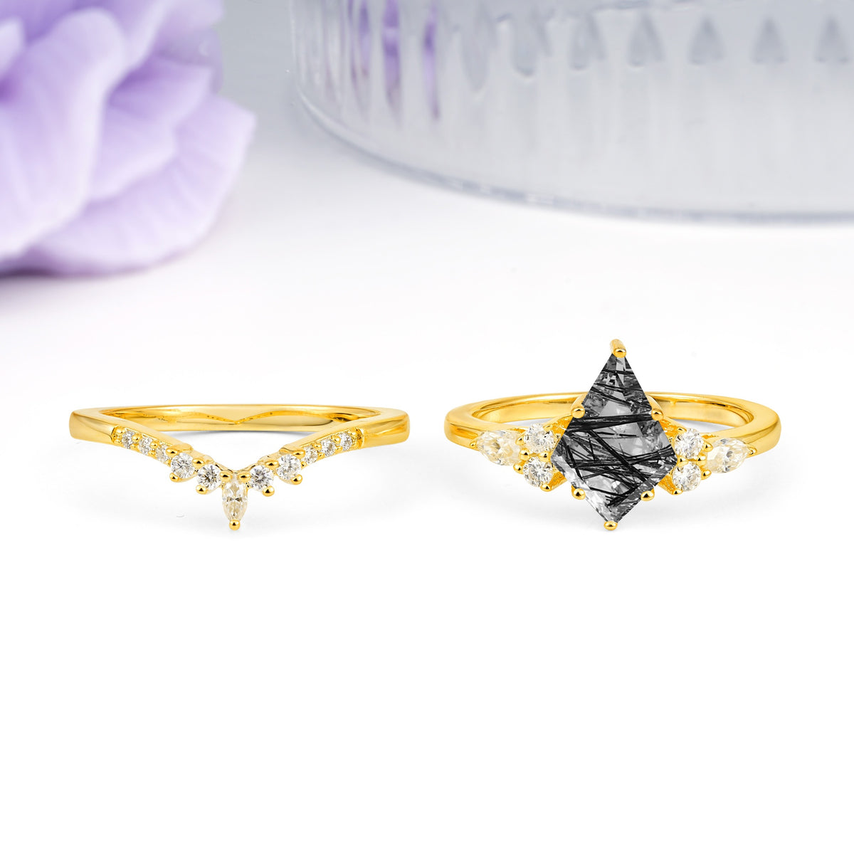 Classic, Luxurious 5-Prong Kite Cut Black Rutilated Quartz Bridal Ring Set - Additional view