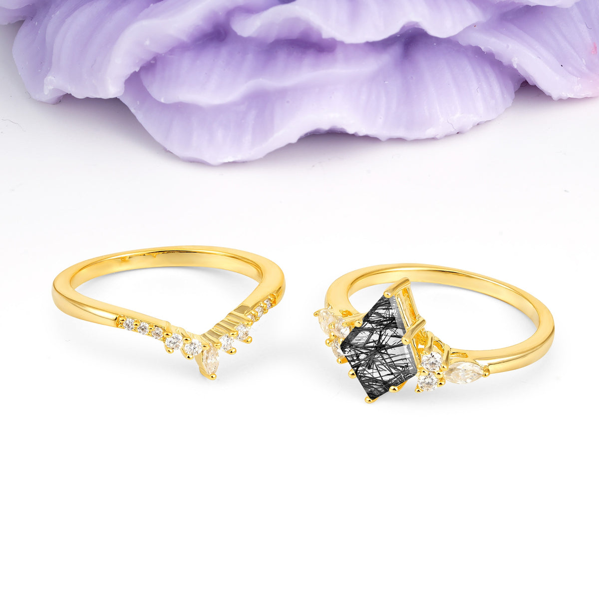 Classic, Luxurious 5-Prong Kite Cut Black Rutilated Quartz Bridal Ring Set - Additional view