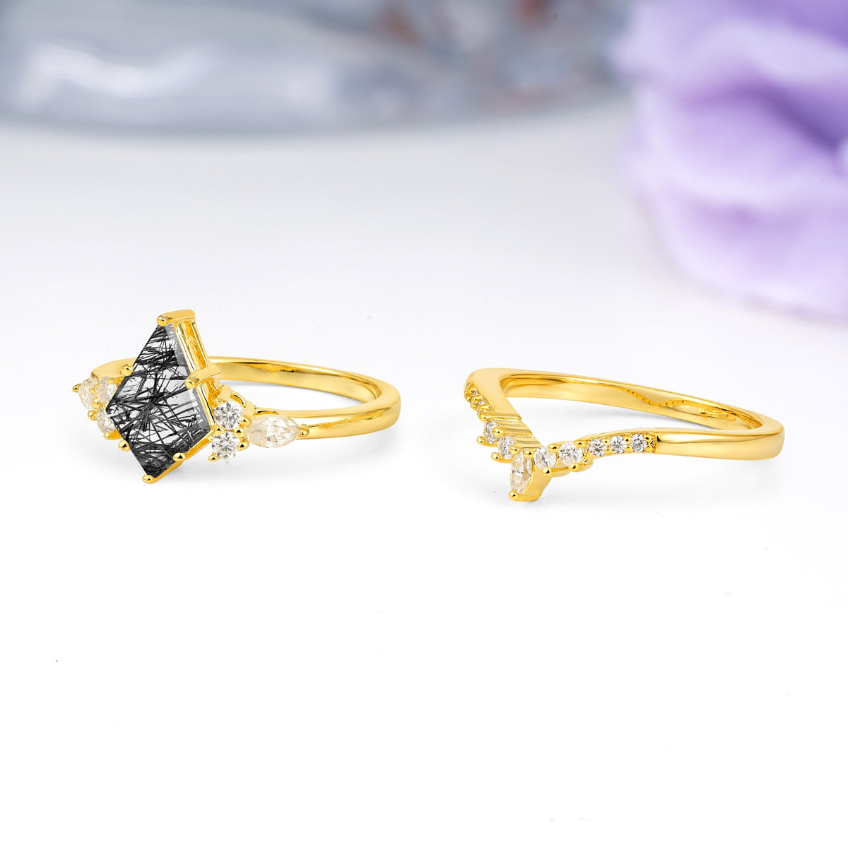 Classic, Luxurious 5-Prong Kite Cut Black Rutilated Quartz Bridal Ring Set - Additional view