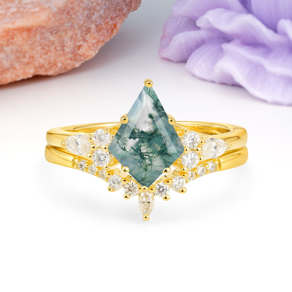 Classic, Luxurious 5-Prong Kite Cut Moss Agate Bridal Ring Set - Additional view