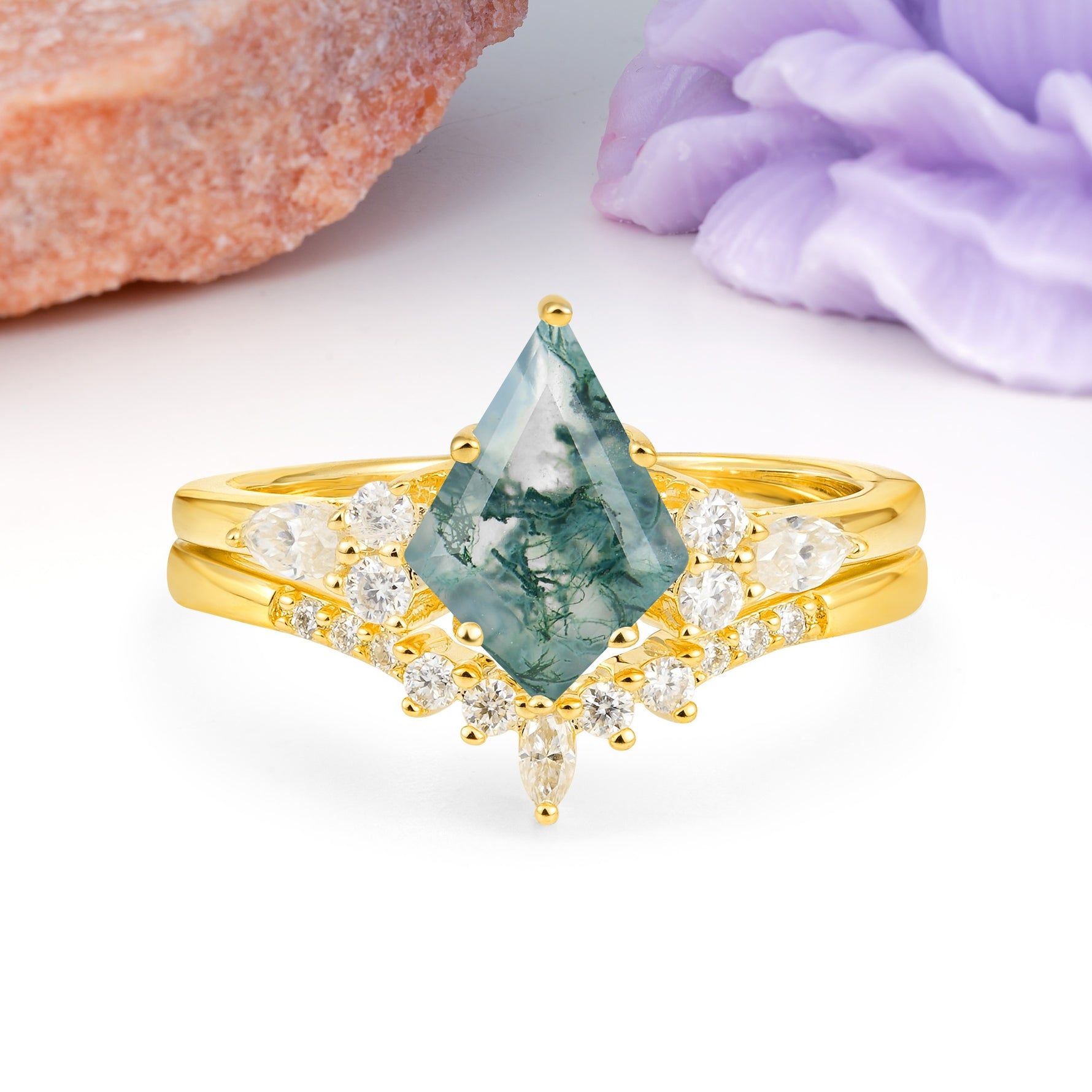 Classic, Luxurious 5-Prong Kite Cut Moss Agate Bridal Ring Set - Additional view
