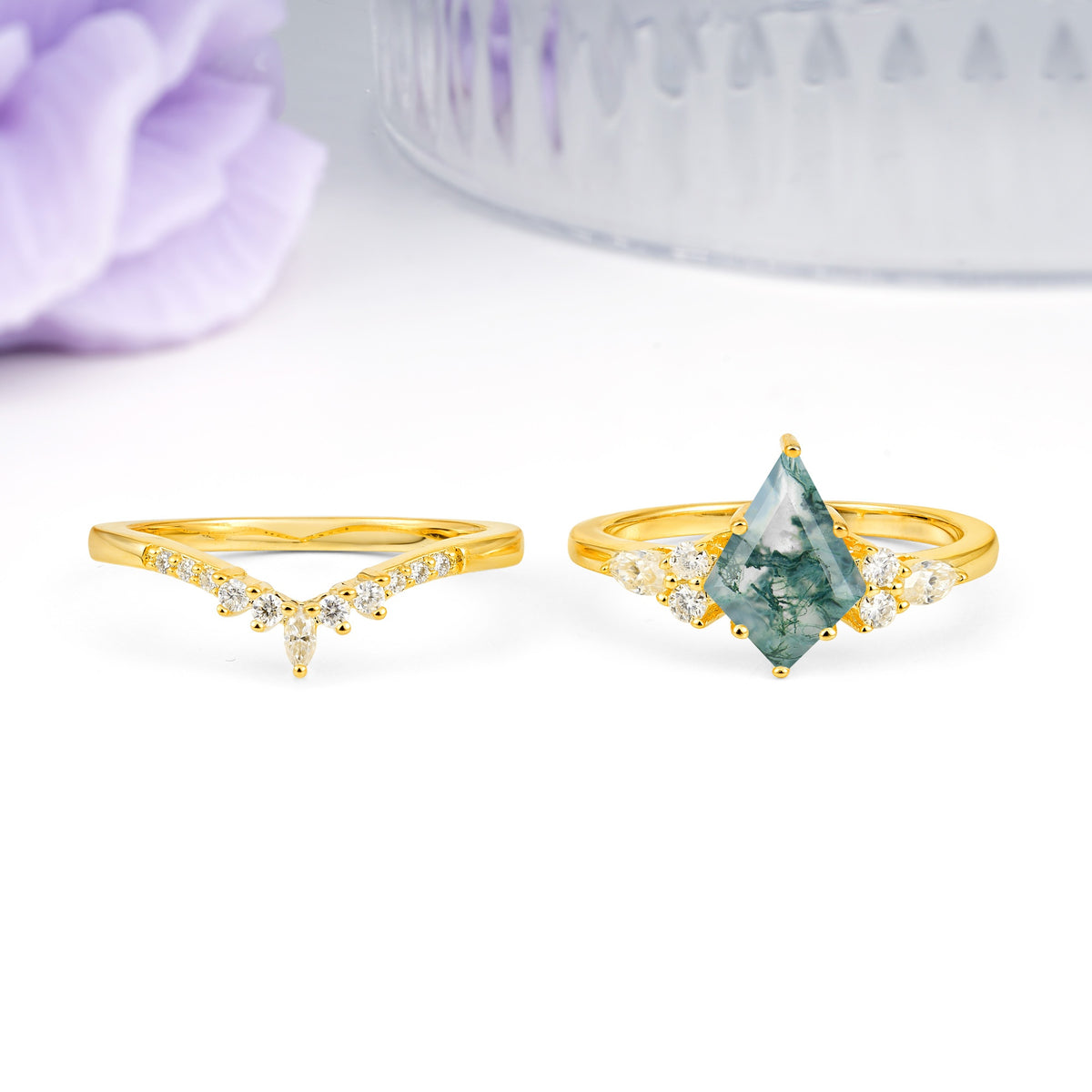 Classic, Luxurious 5-Prong Kite Cut Moss Agate Bridal Ring Set - Additional view