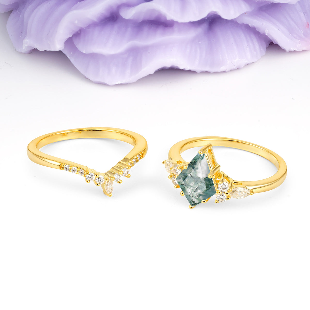 Classic, Luxurious 5-Prong Kite Cut Moss Agate Bridal Ring Set - Additional view