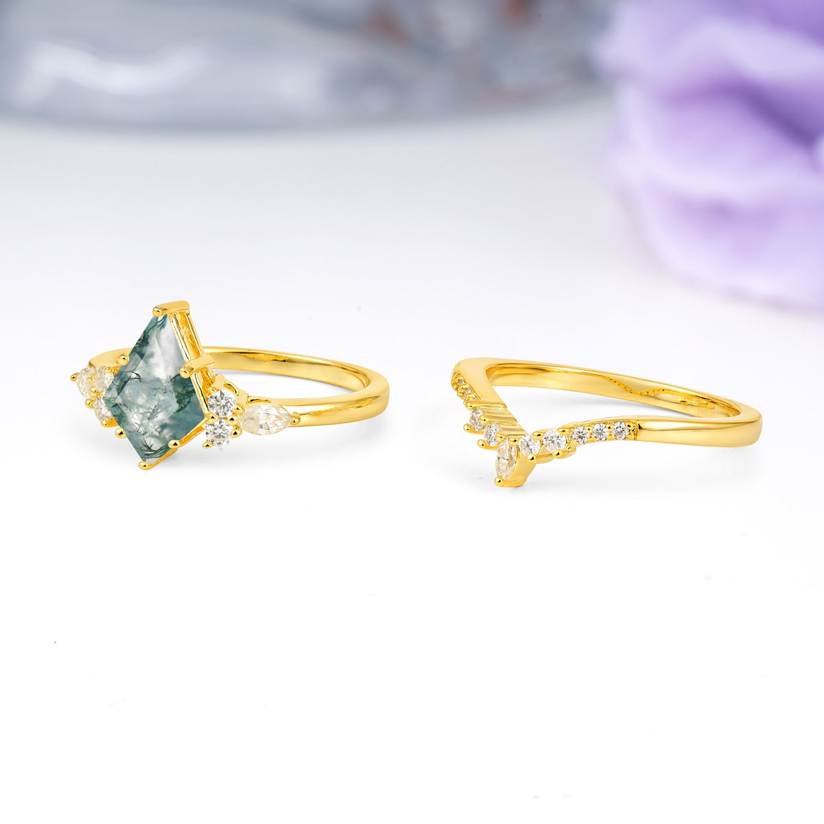 Classic, Luxurious 5-Prong Kite Cut Moss Agate Bridal Ring Set - Additional view