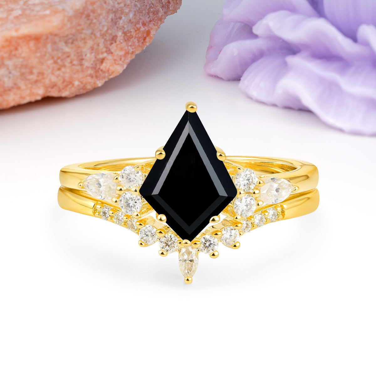 Classic, Luxurious 5-Prong Kite Cut Black Onyx Bridal Ring Set - Additional view