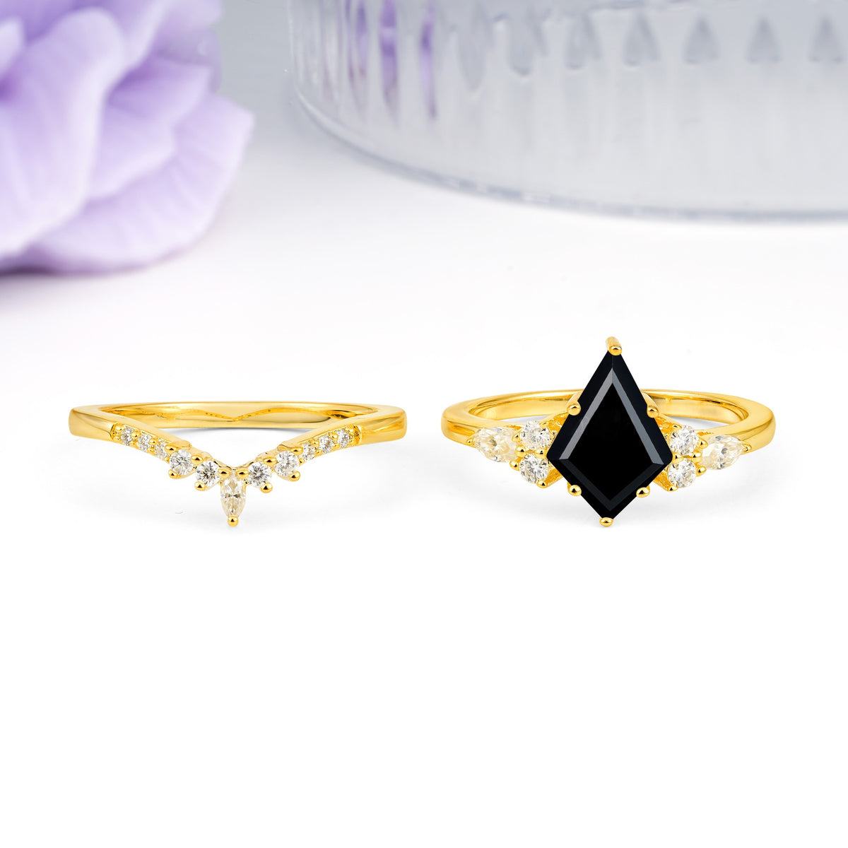 Classic, Luxurious 5-Prong Kite Cut Black Onyx Bridal Ring Set - Additional view