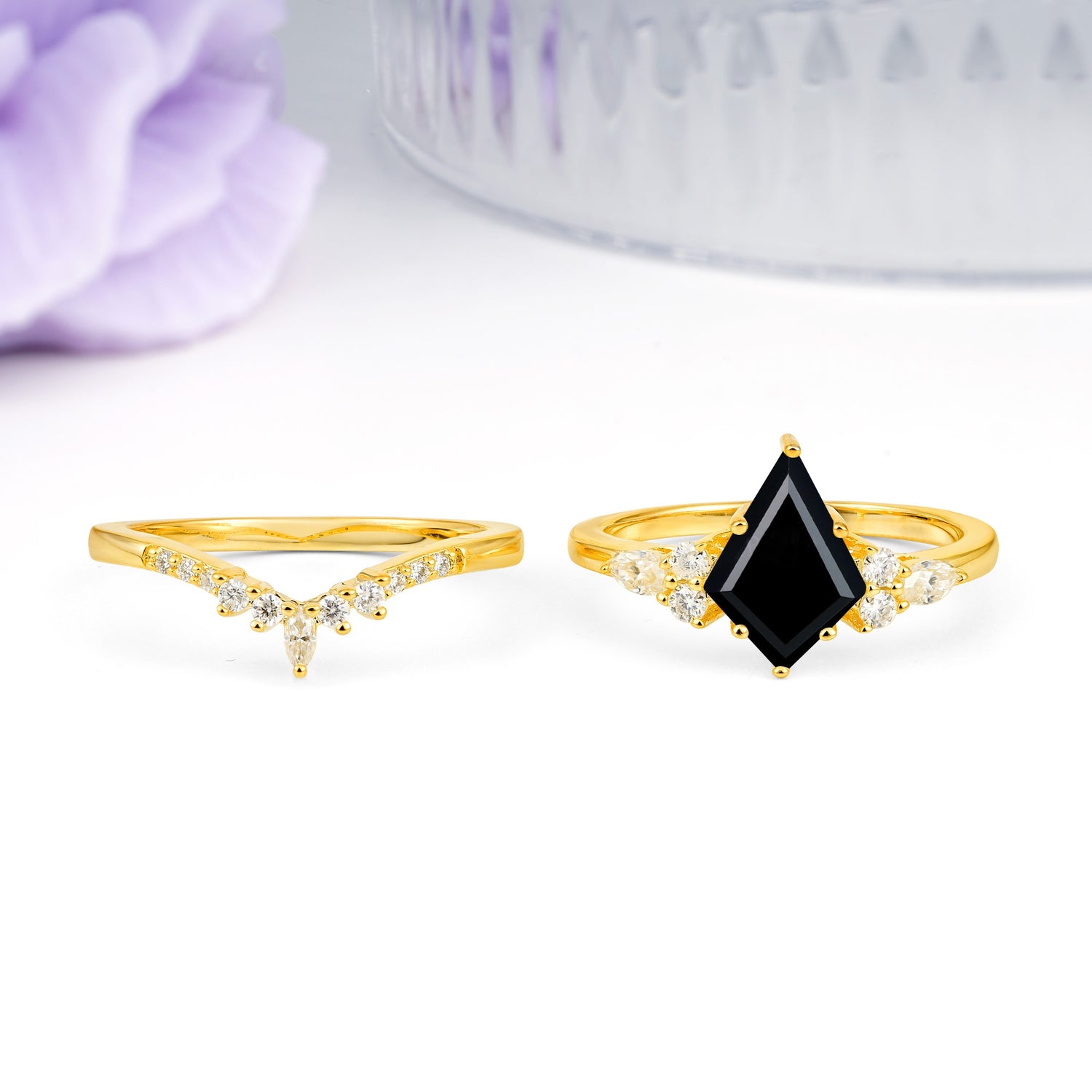 Classic, Luxurious 5-Prong Kite Cut Black Onyx Bridal Ring Set - Additional view