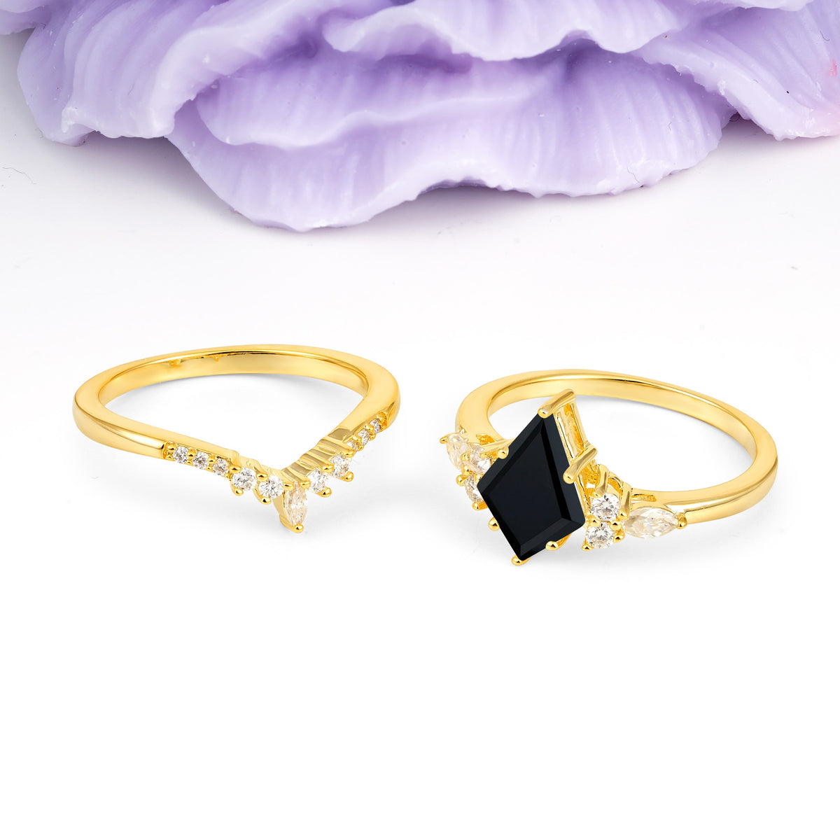 Classic, Luxurious 5-Prong Kite Cut Black Onyx Bridal Ring Set - Additional view
