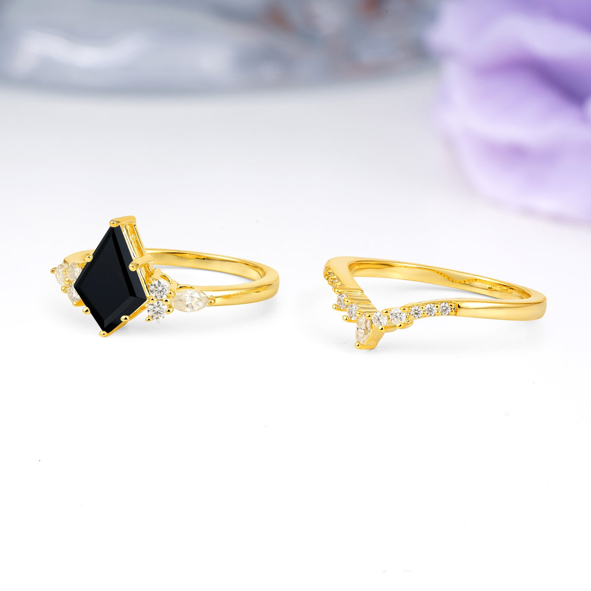 Classic, Luxurious 5-Prong Kite Cut Black Onyx Bridal Ring Set - Additional view