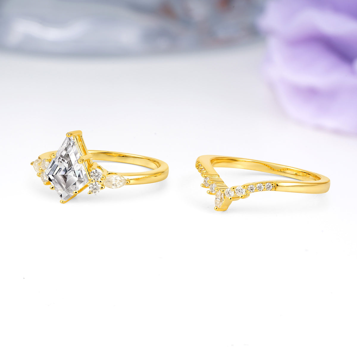 Classic, Luxurious 5-Prong Kite Cut Lab Diamond Bridal Ring Set - Additional view