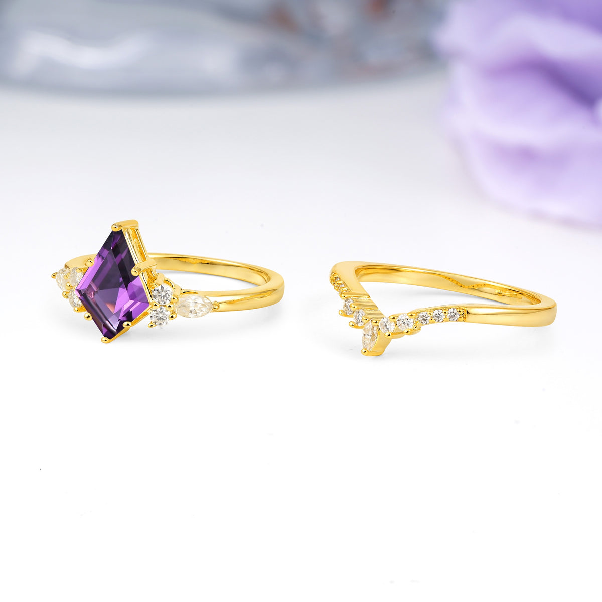 Classic, Luxurious 5-Prong Kite Cut Amethyst Bridal Ring Set - Additional view