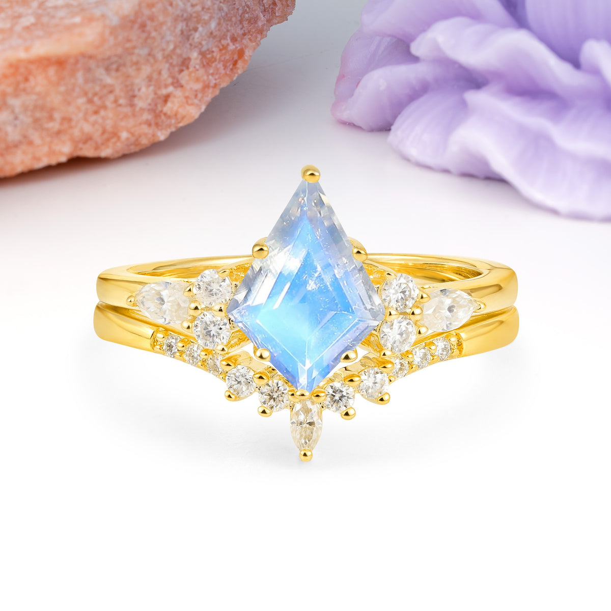 Classic, Luxurious 5-Prong Kite Cut Moonstone Bridal Ring Set - Additional view