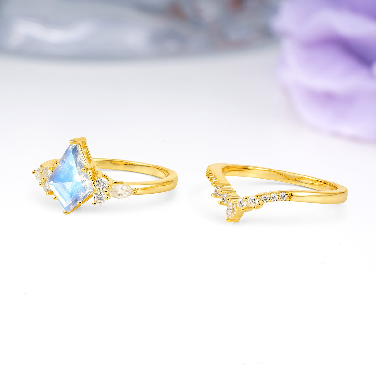 Classic, Luxurious 5-Prong Kite Cut Moonstone Bridal Ring Set - Additional view