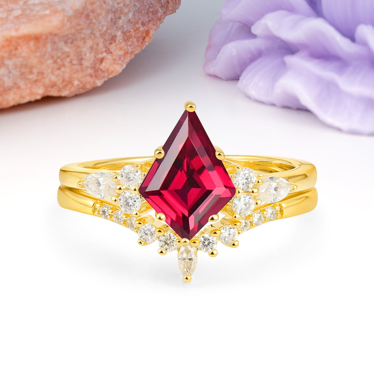 Classic, Luxurious 5-Prong Kite Cut Ruby Bridal Ring Set - Additional view