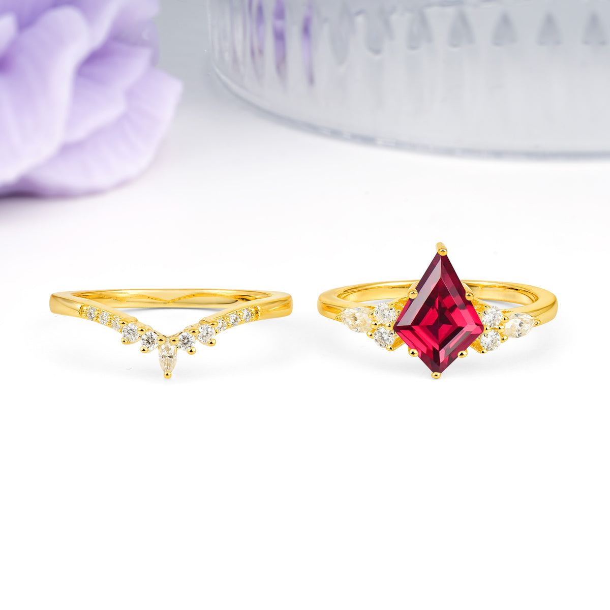 Classic, Luxurious 5-Prong Kite Cut Ruby Bridal Ring Set - Additional view