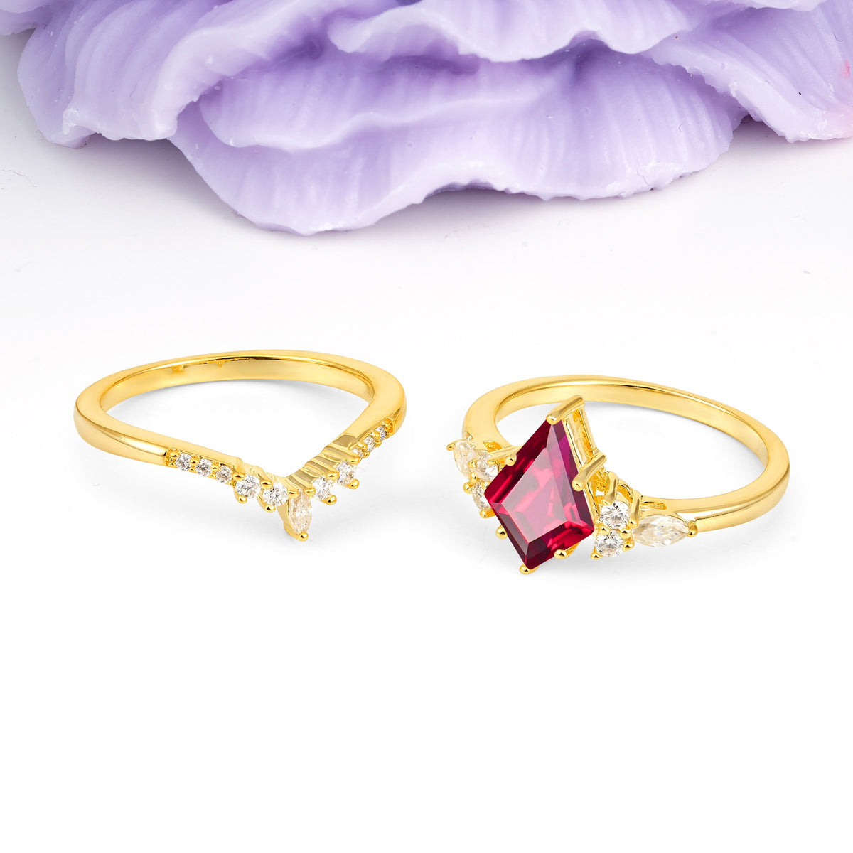 Classic, Luxurious 5-Prong Kite Cut Ruby Bridal Ring Set - Additional view