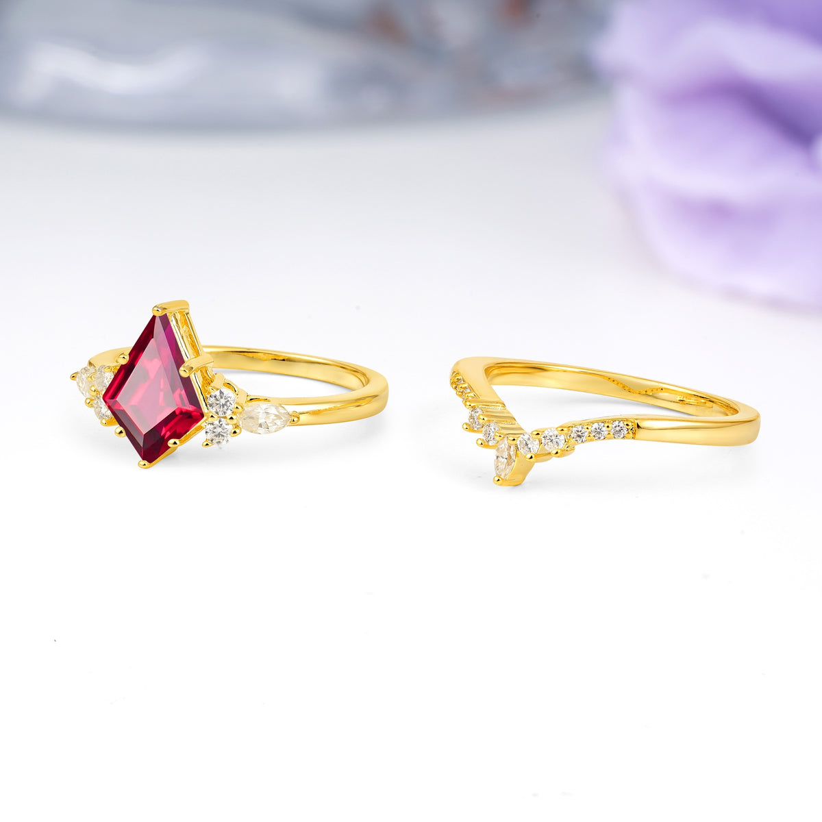 Classic, Luxurious 5-Prong Kite Cut Ruby Bridal Ring Set - Additional view