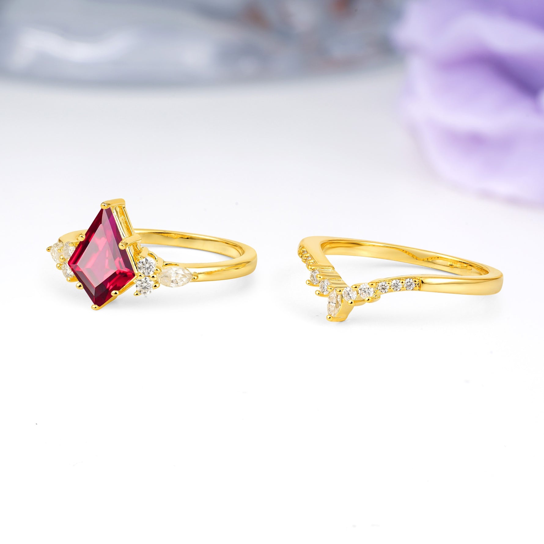 Classic, Luxurious 5-Prong Kite Cut Ruby Bridal Ring Set - Additional view