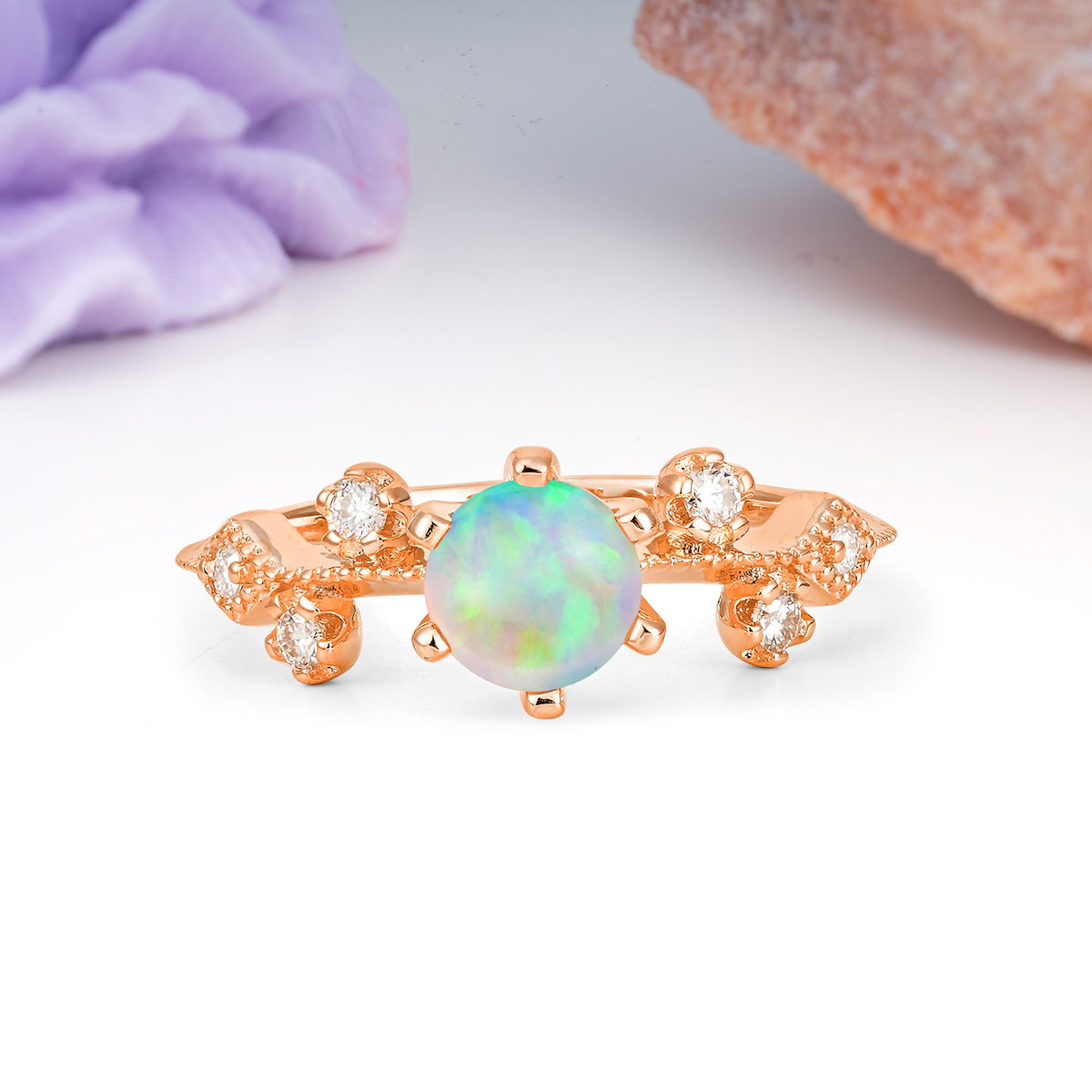 Classic, Minimalist 6-Prong Round Cut Fire Opal Engagement Ring - Additional view