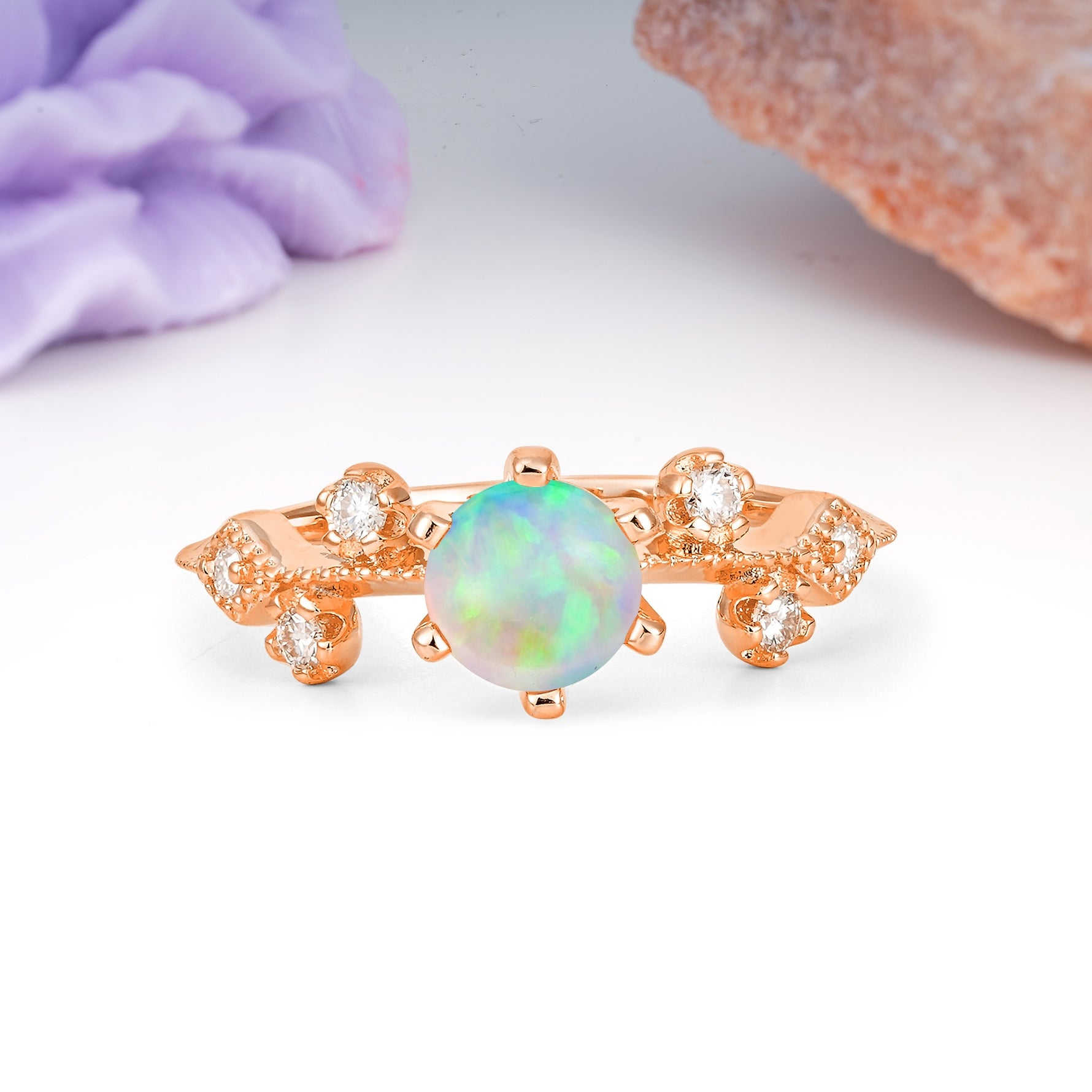 Classic, Minimalist 6-Prong Round Cut Fire Opal Engagement Ring - Additional view