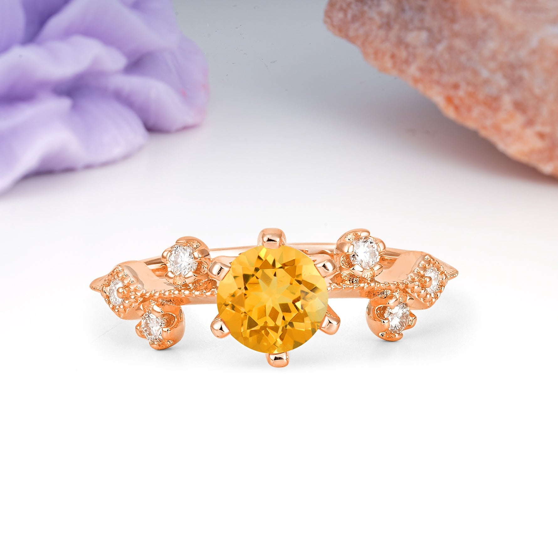 Classic, Minimalist 6-Prong Round Cut Citrine Engagement Ring - Additional view