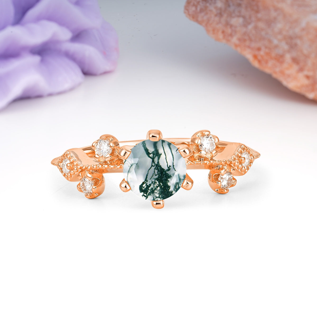 Classic, Minimalist 6-Prong Round Cut Moss Agate Engagement Ring - Additional view