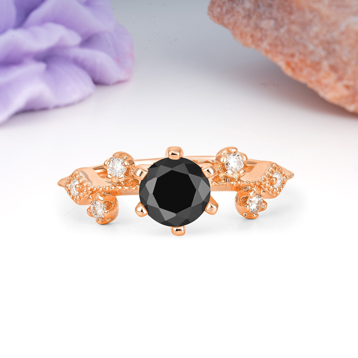 Classic, Minimalist 6-Prong Round Cut Black Onyx Engagement Ring - Additional view
