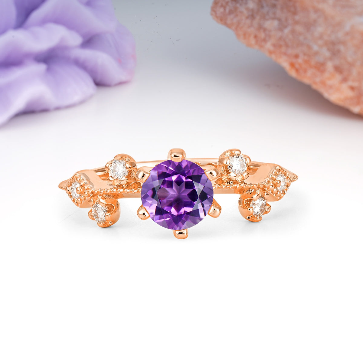 Classic, Minimalist 6-Prong Round Cut Amethyst Engagement Ring - Additional view