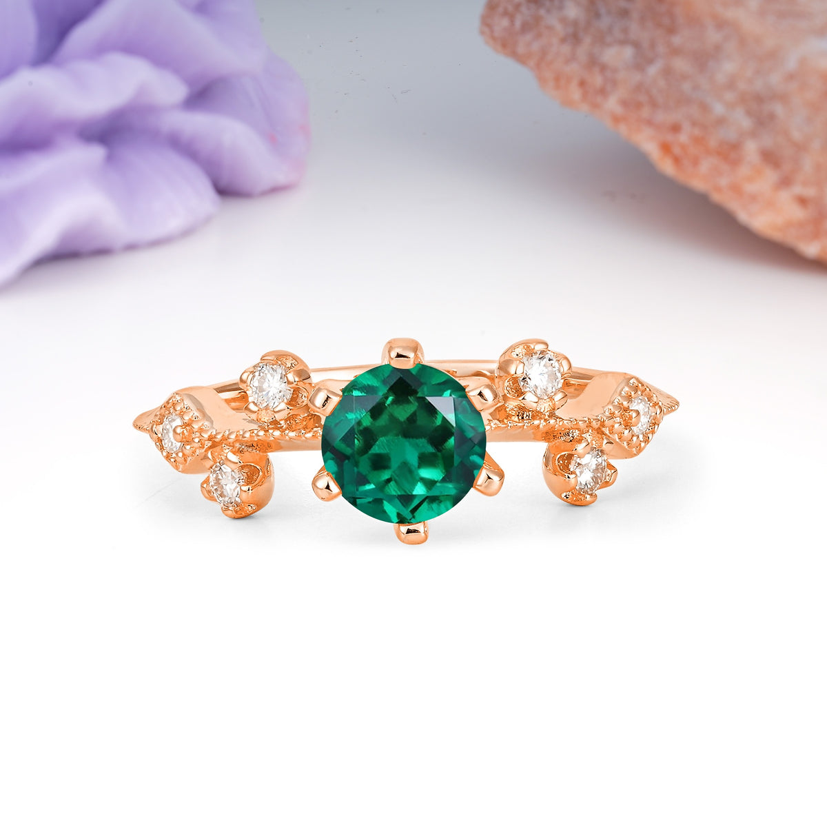 Classic, Minimalist 6-Prong Round Cut Emerald Engagement Ring - Additional view