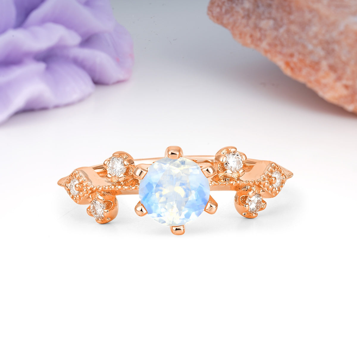 Classic, Minimalist 6-Prong Round Cut Moonstone Engagement Ring - Additional view