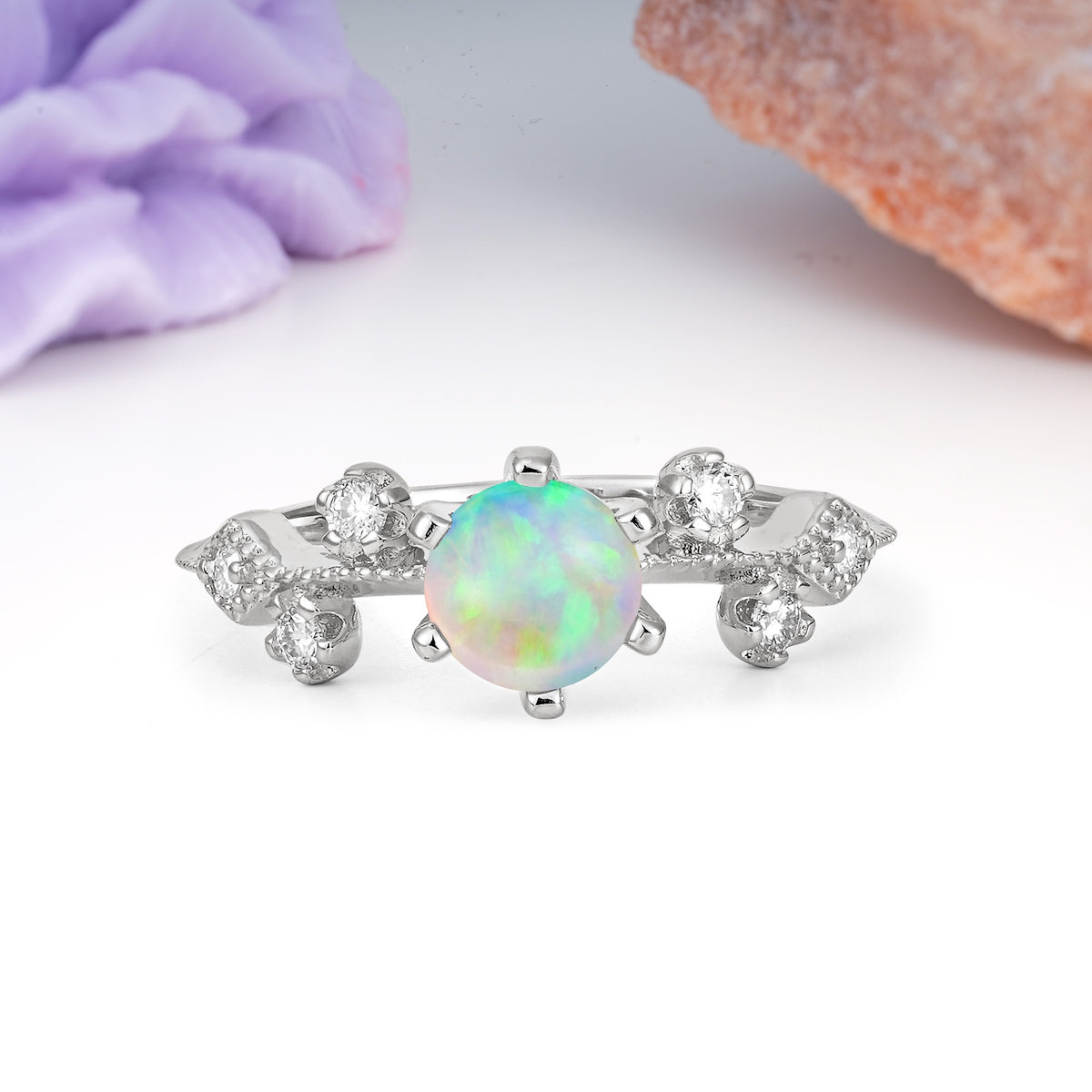 Classic, Minimalist 6-Prong Round Cut Fire Opal Engagement Ring - Additional view