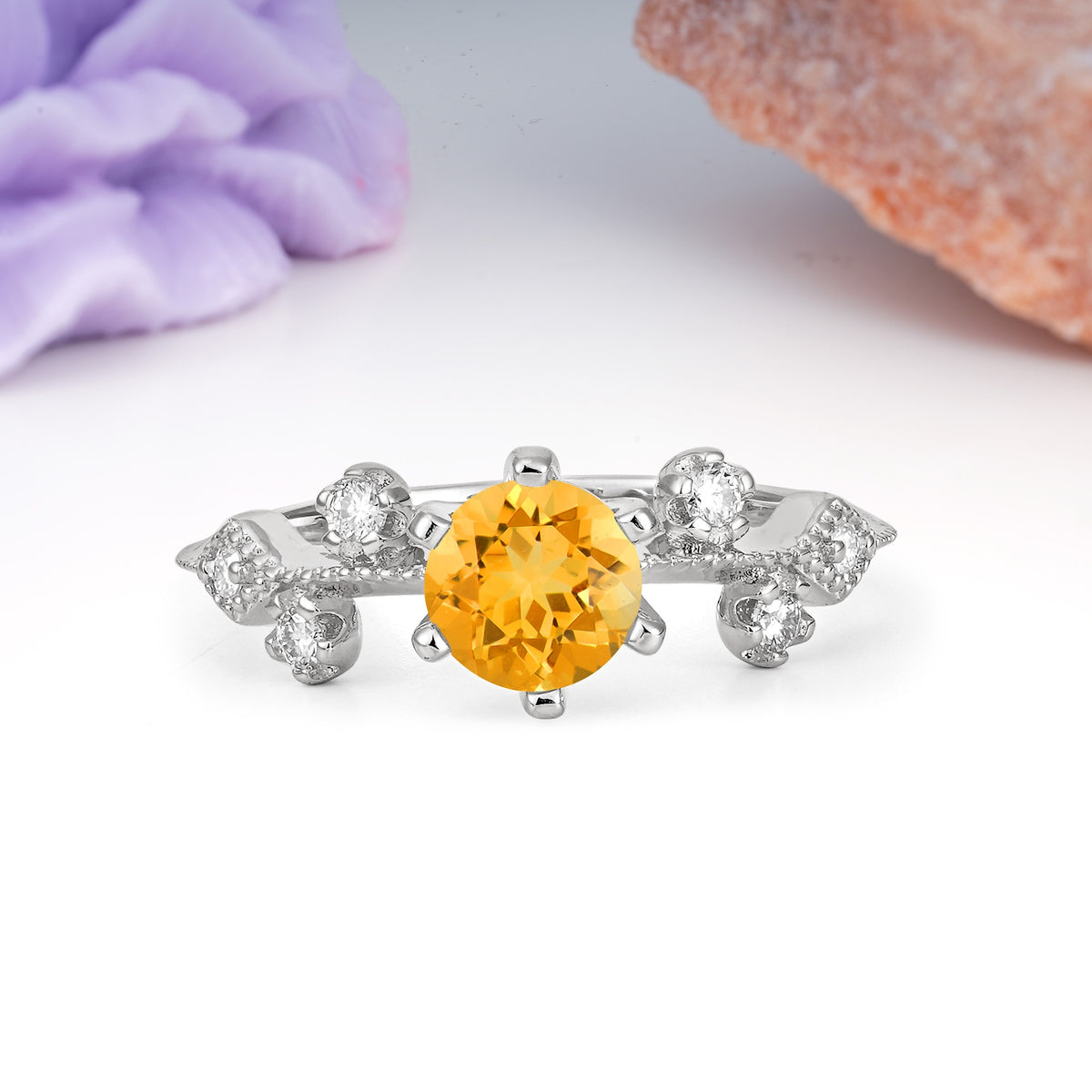 Classic, Minimalist 6-Prong Round Cut Citrine Engagement Ring - Additional view