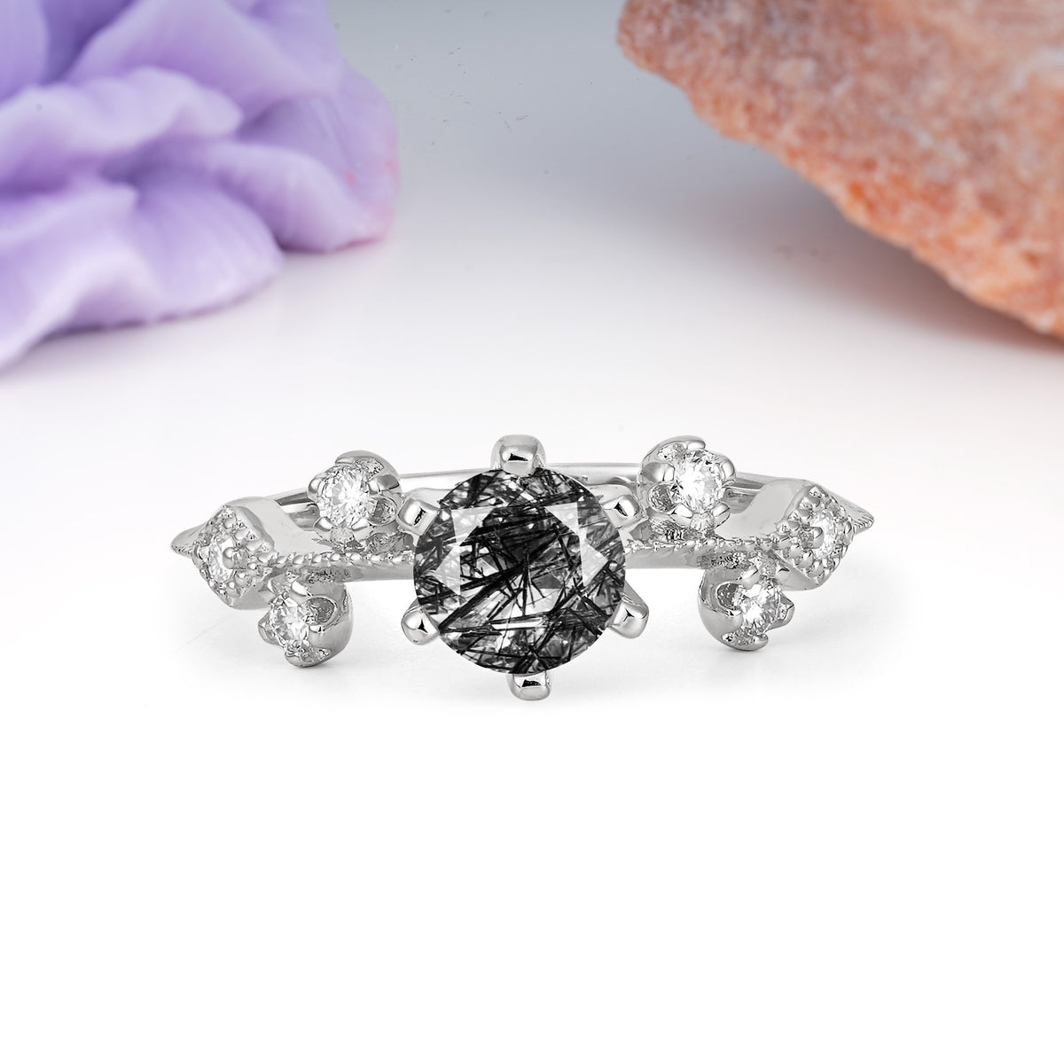 Classic, Minimalist 6-Prong Round Cut Black Rutilated Quartz Engagement Ring - Additional view